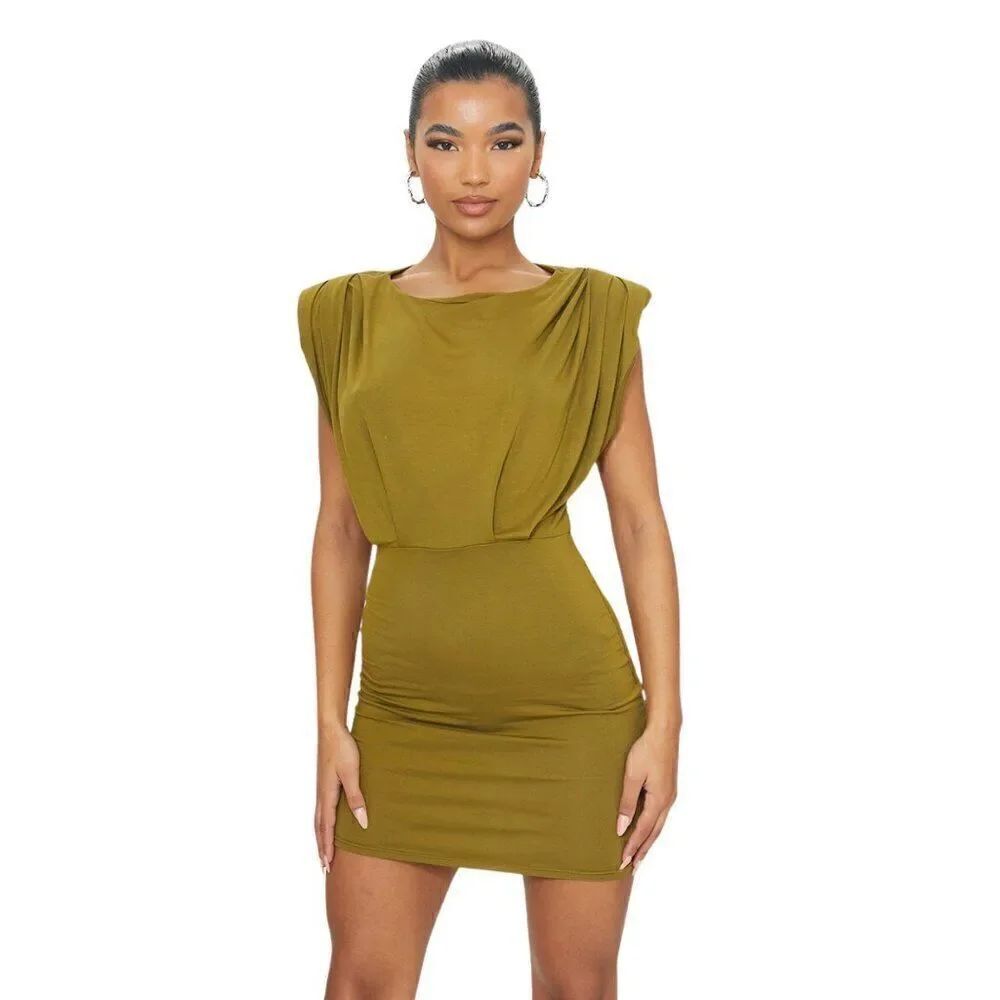 NWT PRETTYLITTLETHING Olive Green Shoulder Pad Gathered Detail Bodycon Dress